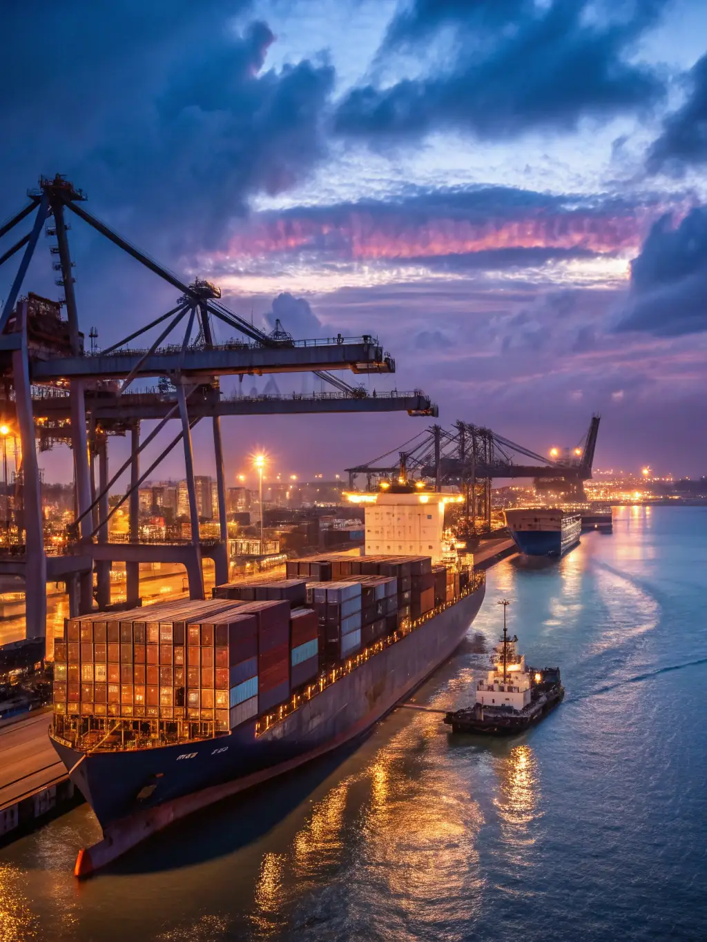 A cargo ship being loaded with containers at a busy port, illustrating Clearical Investment Limited's involvement in global trade.