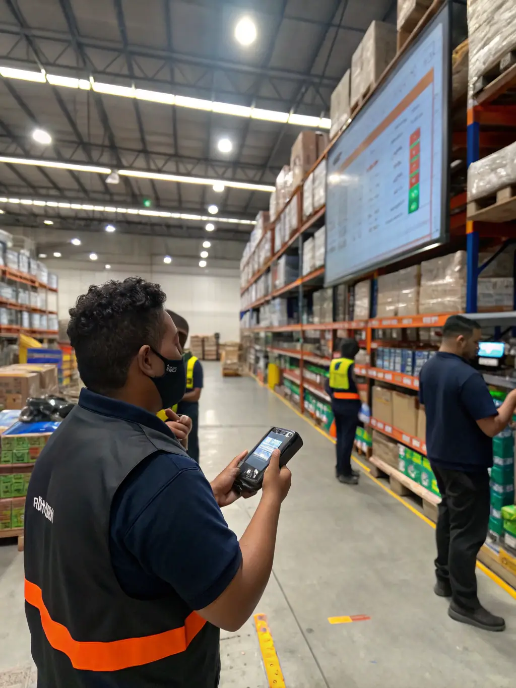 A brightly lit warehouse interior with workers operating forklifts, moving pallets of goods, showcasing Clearical Investment Limited's warehousing capabilities.